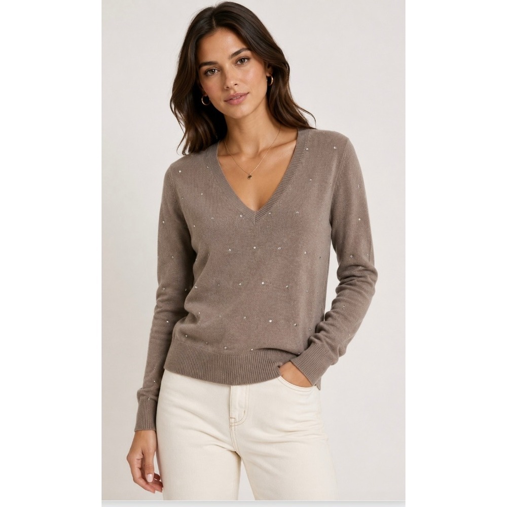 Kinross Cashmere Crystal Embellished V-Neck Sweater Taupe XS
